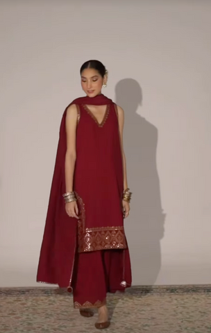 Bashash Maroon Outfit 3-Pc